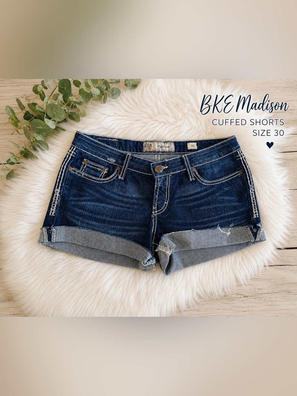 BKE Madison Cuffed Denim Shorts | Size 30 | Dark Wash | Stretch
